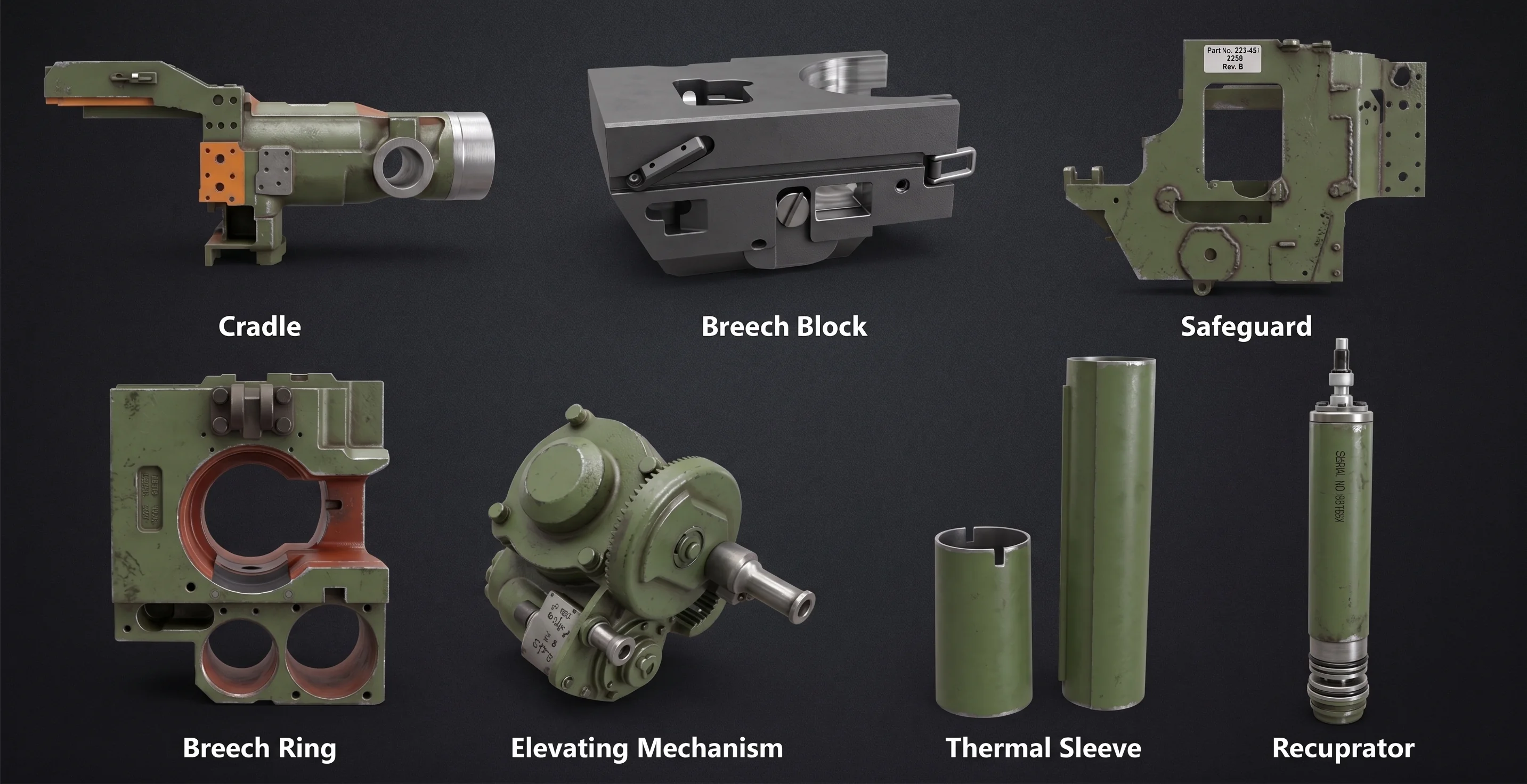 125 mm tank gun MRO components including cradle, breech block, breech ring, elevating mechanism, thermal sleeve, and recuperator