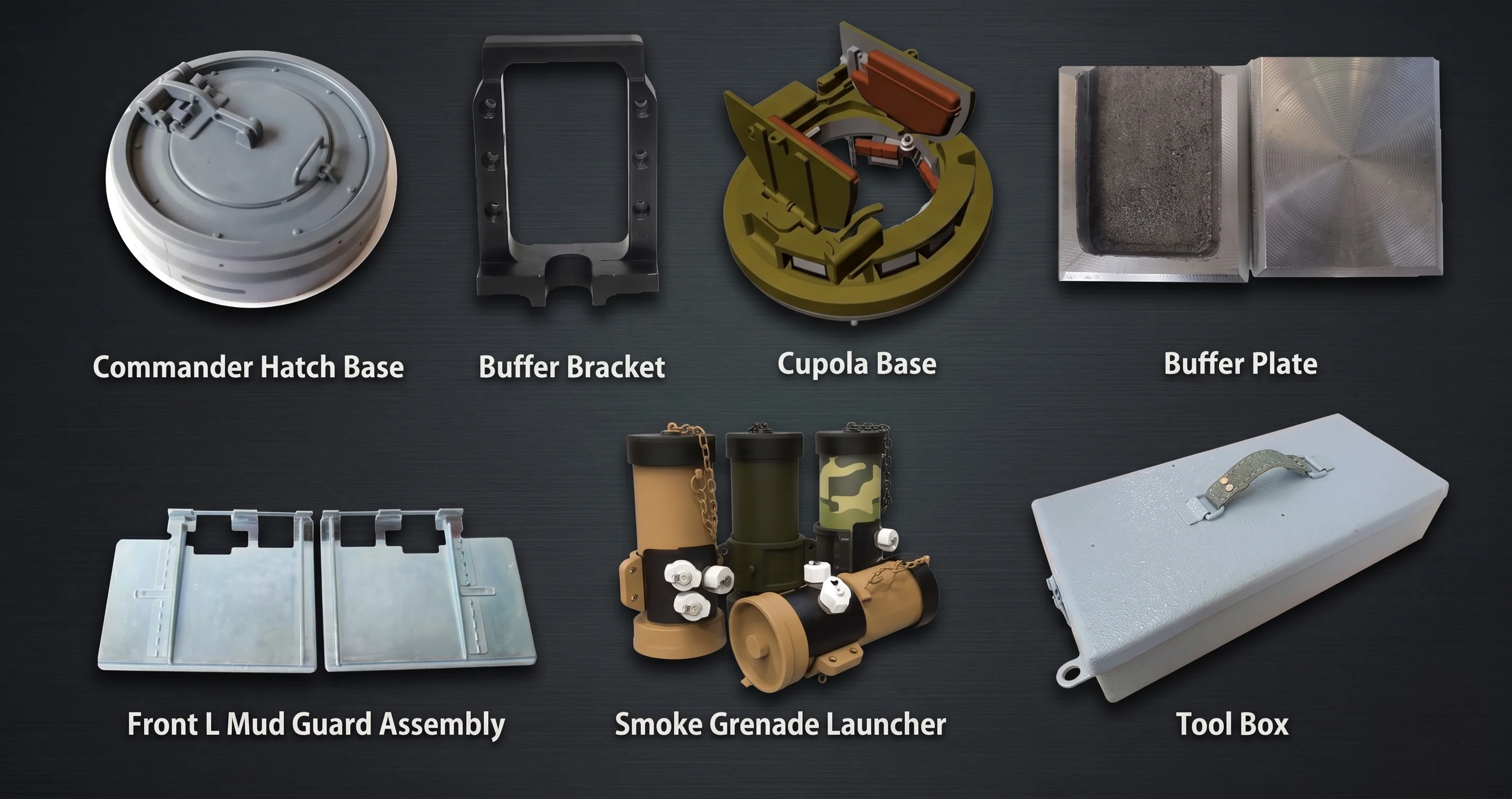 Armoured vehicle chassis and hull MRO parts including hatches, buffer brackets, cupola bases, and smoke grenade launchers