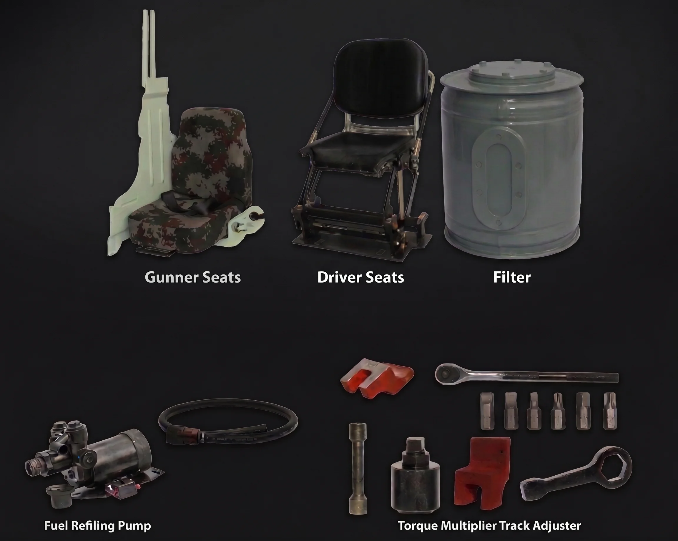 Crew seating, filtration units, fuel refilling pumps, and track maintenance tooling
