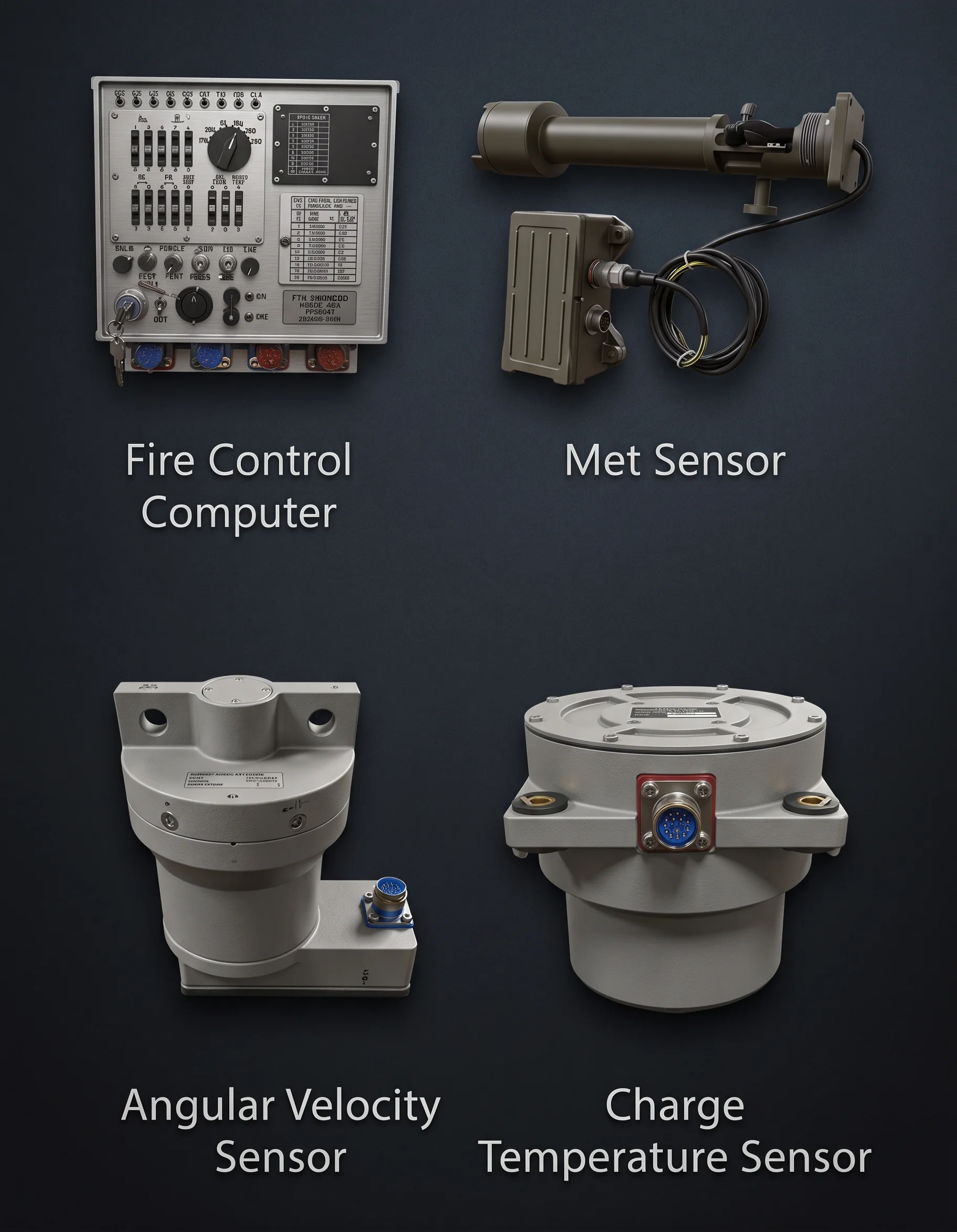 Fire control computer, meteorological sensor, angular velocity sensor, and charge temperature sensor