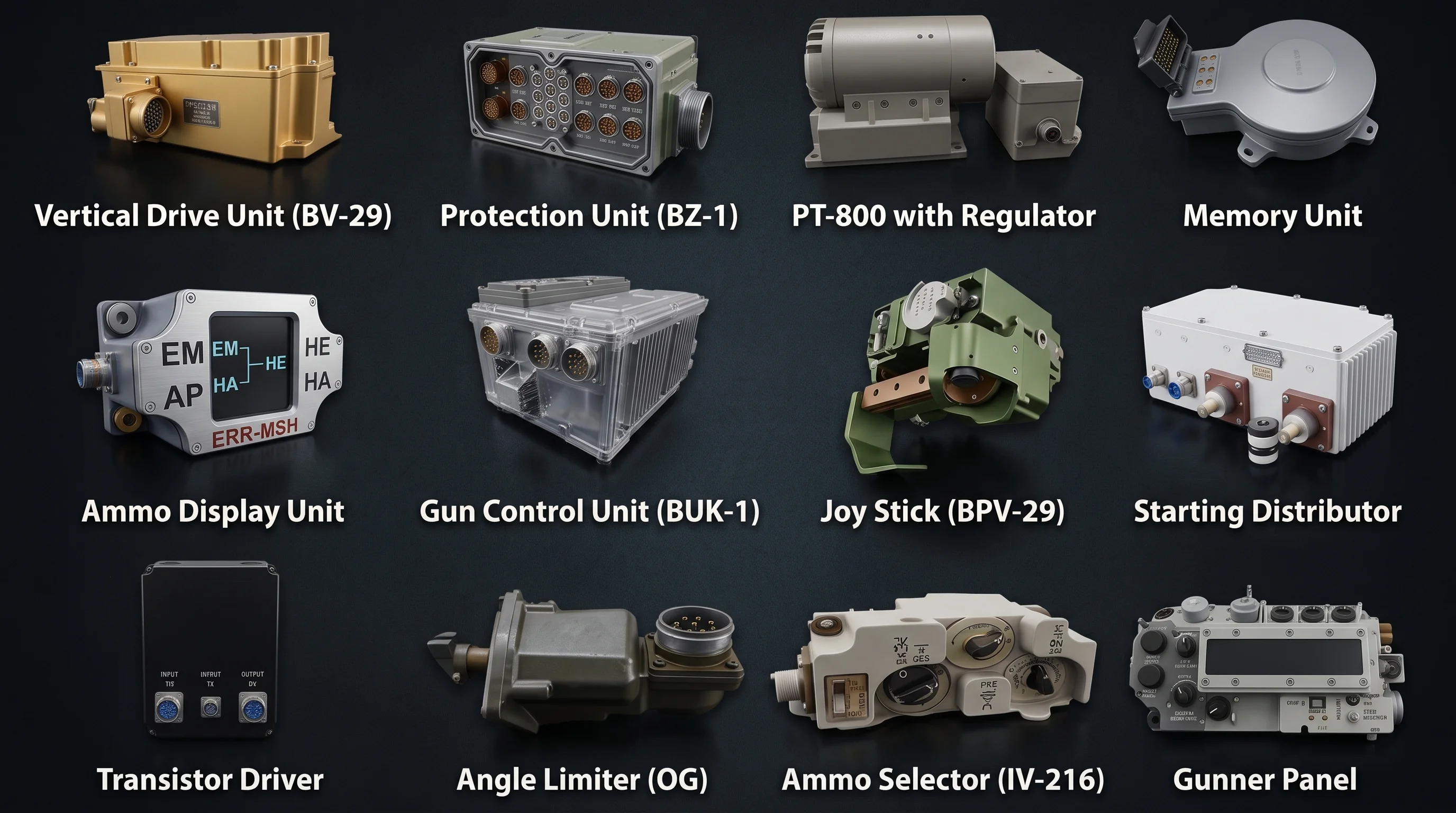 Gun control system electronics including vertical drive units, gun control units, gunner panels, and ammunition selectors
