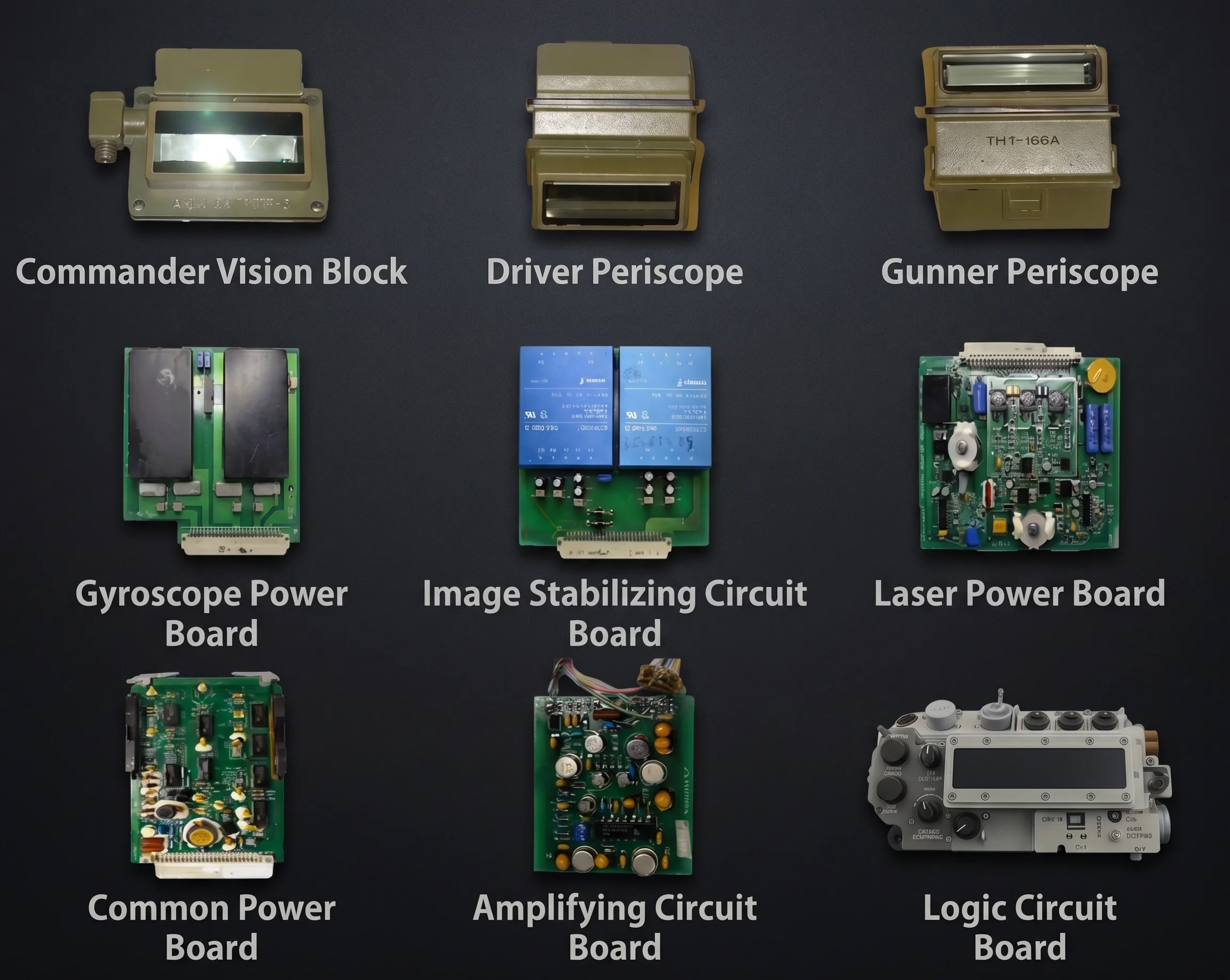 Commander vision blocks, driver and gunner periscopes, and stabilising optronics circuit boards