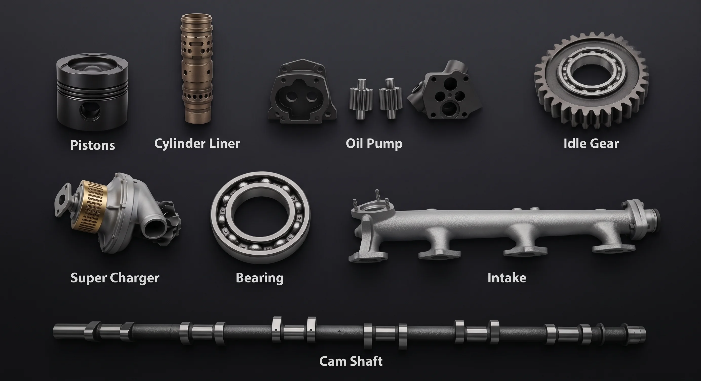 Engine power pack components including pistons, cylinder liners, superchargers, camshafts, and bearings